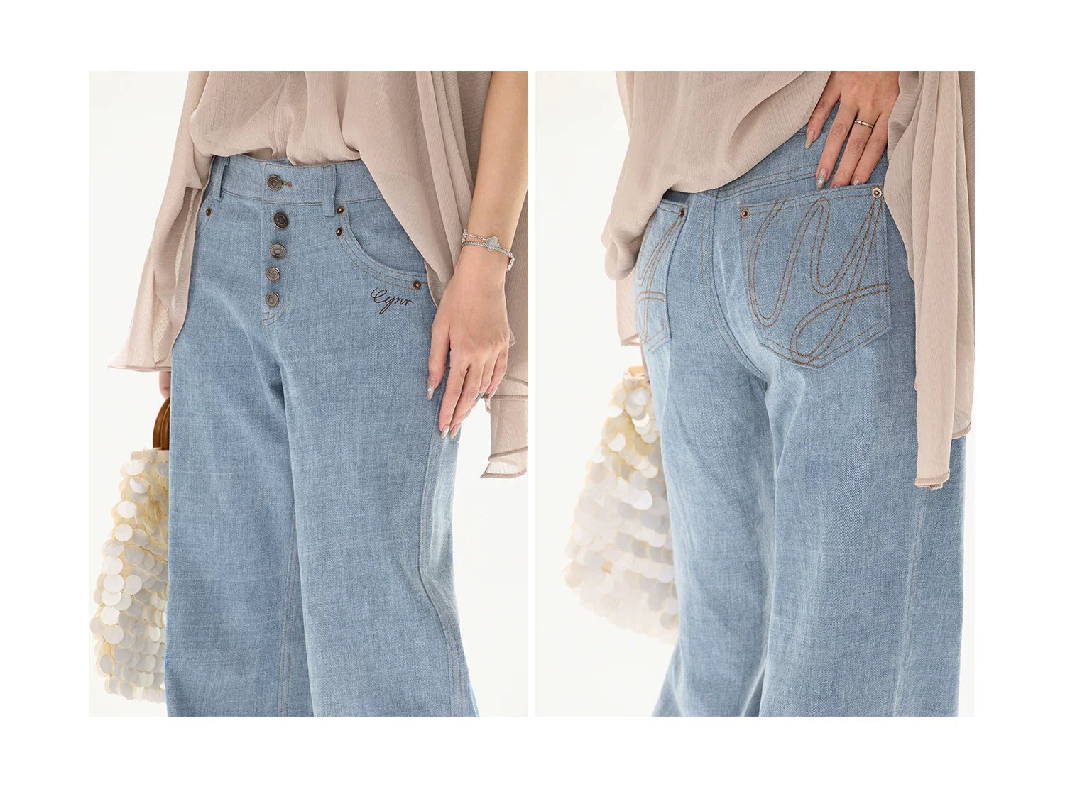 90s Vintage Washed Metal Button Wide-Leg Denim Pants