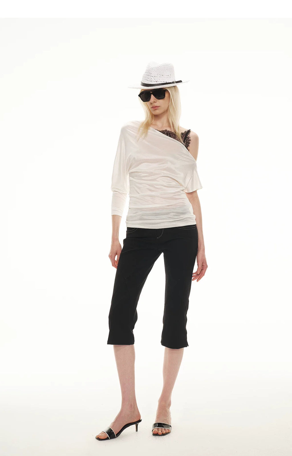 Satin Off-Shoulder Lace Trim T-Shirt