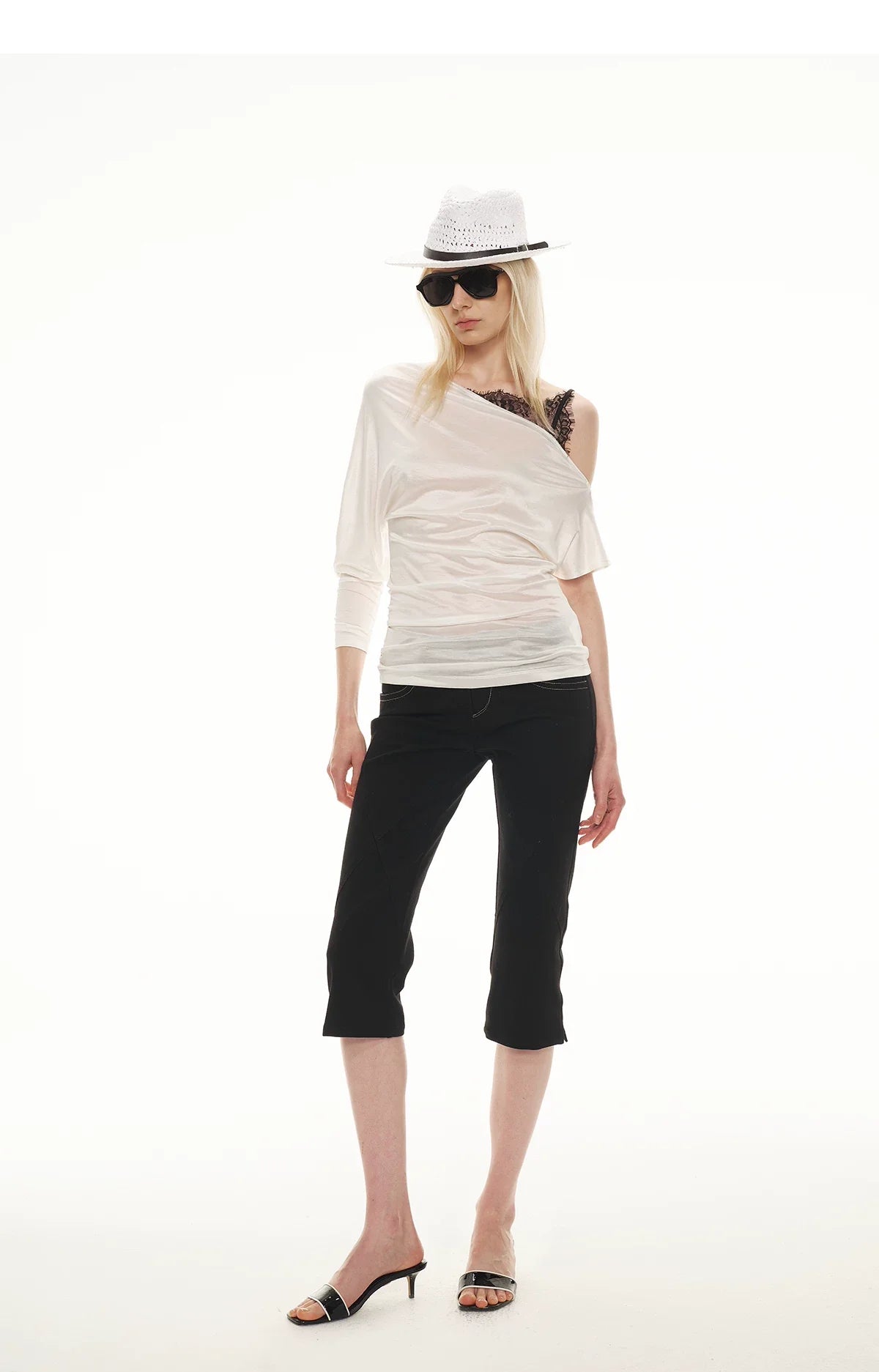 Satin Off-Shoulder Lace Trim T-Shirt