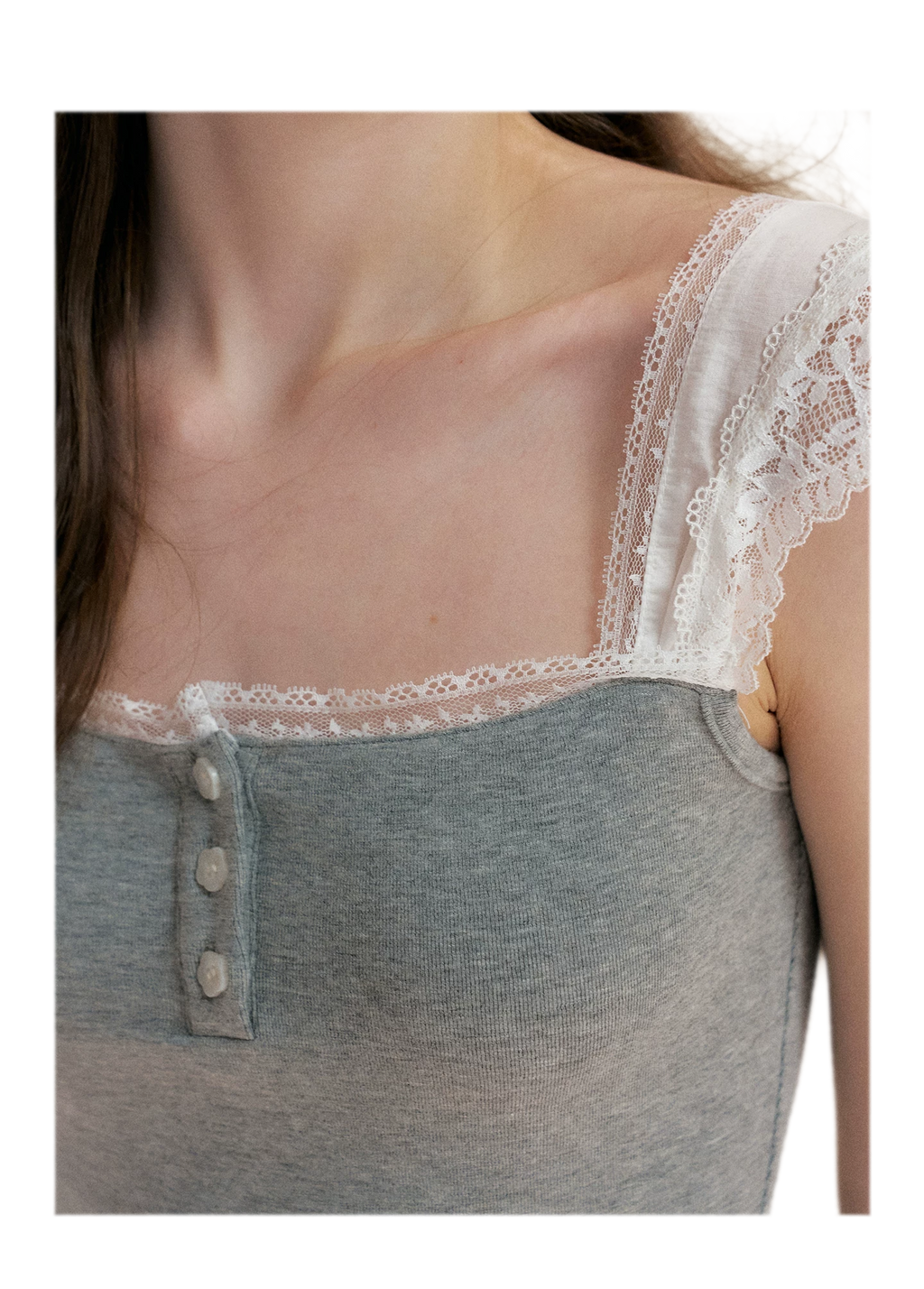 Lace Edge Wide Strap Knit T-Shirt