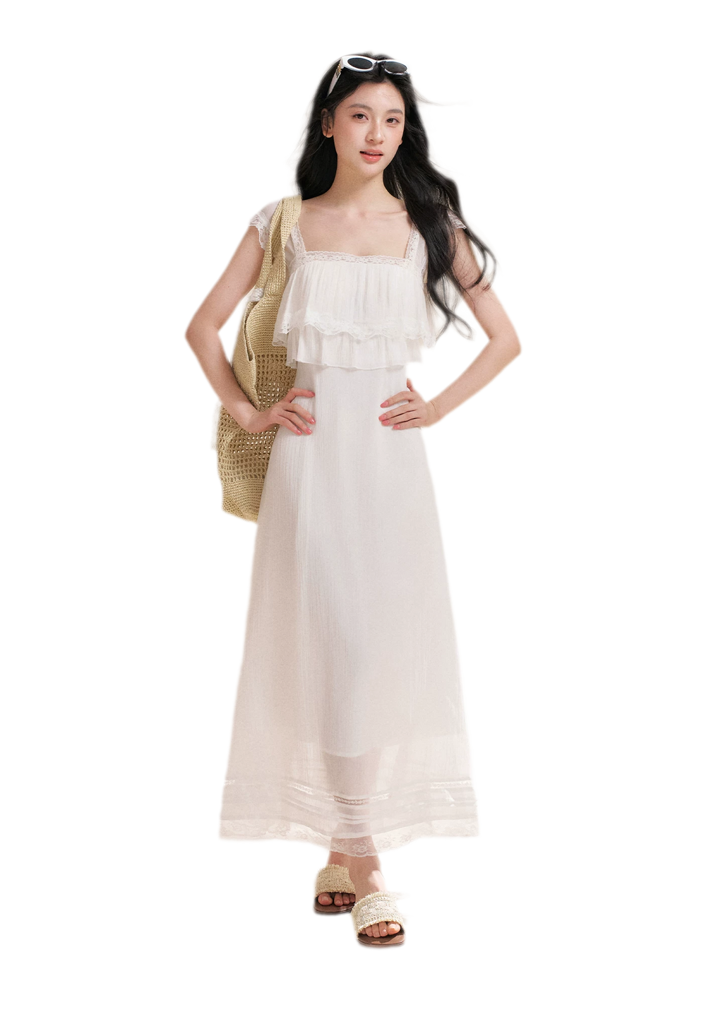 Lace Ruffle Waist Long Dress