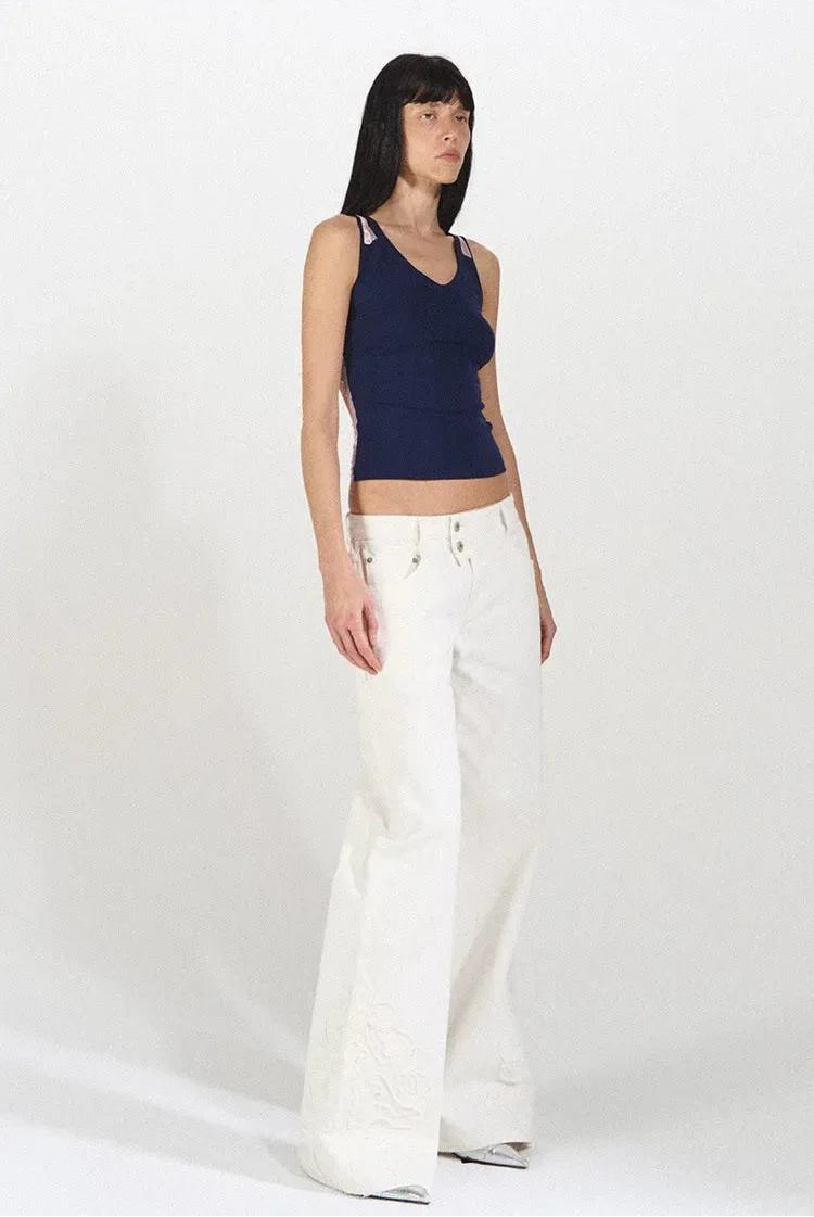 Lace Panel Slim Fit Striped Shoulder Vest Top