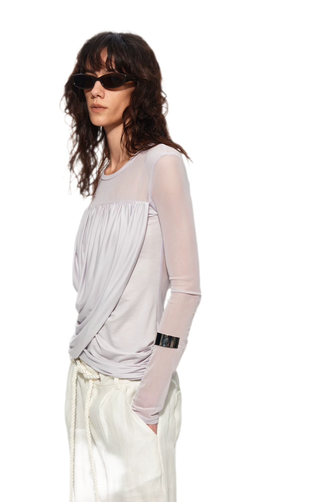 Draped Mesh Long Sleeve Tee