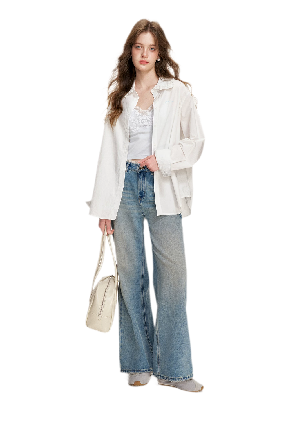 Lace-Trimmed Wide-Leg Denim Pants