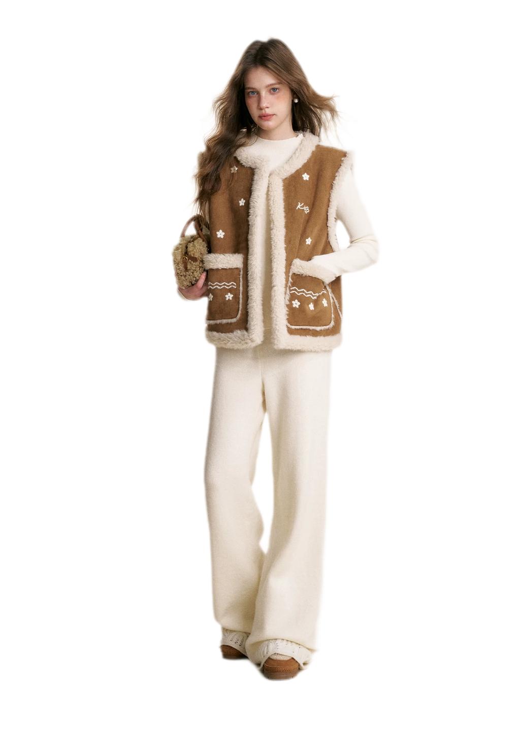 Shearling Floral Embroidered Vest