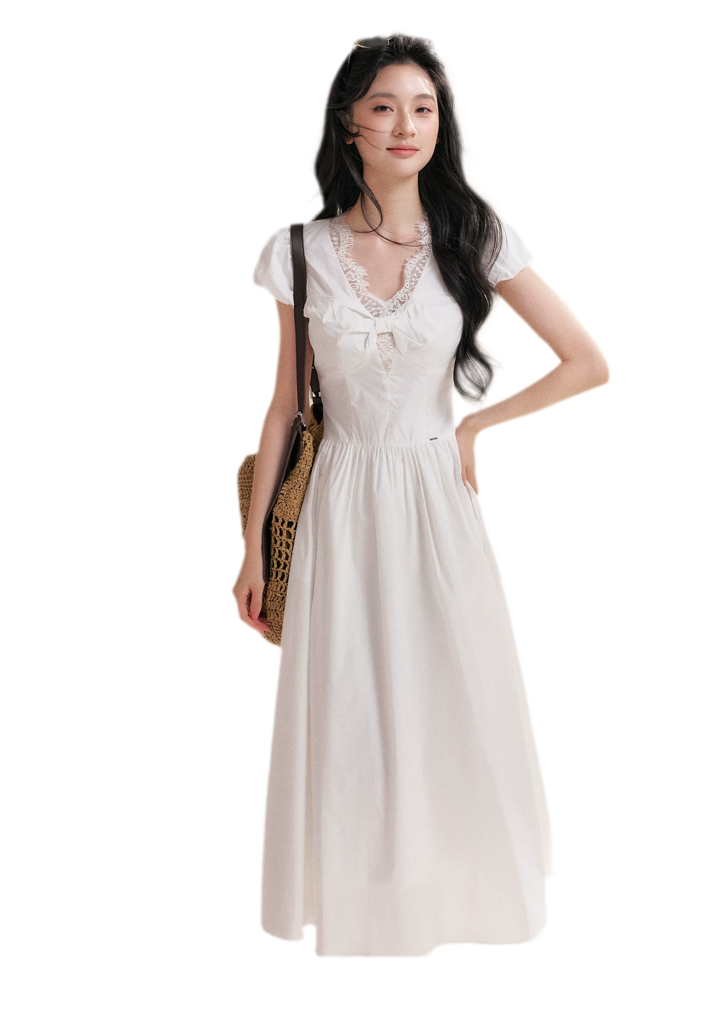 French Lace Puff Sleeve A-Line Dress
