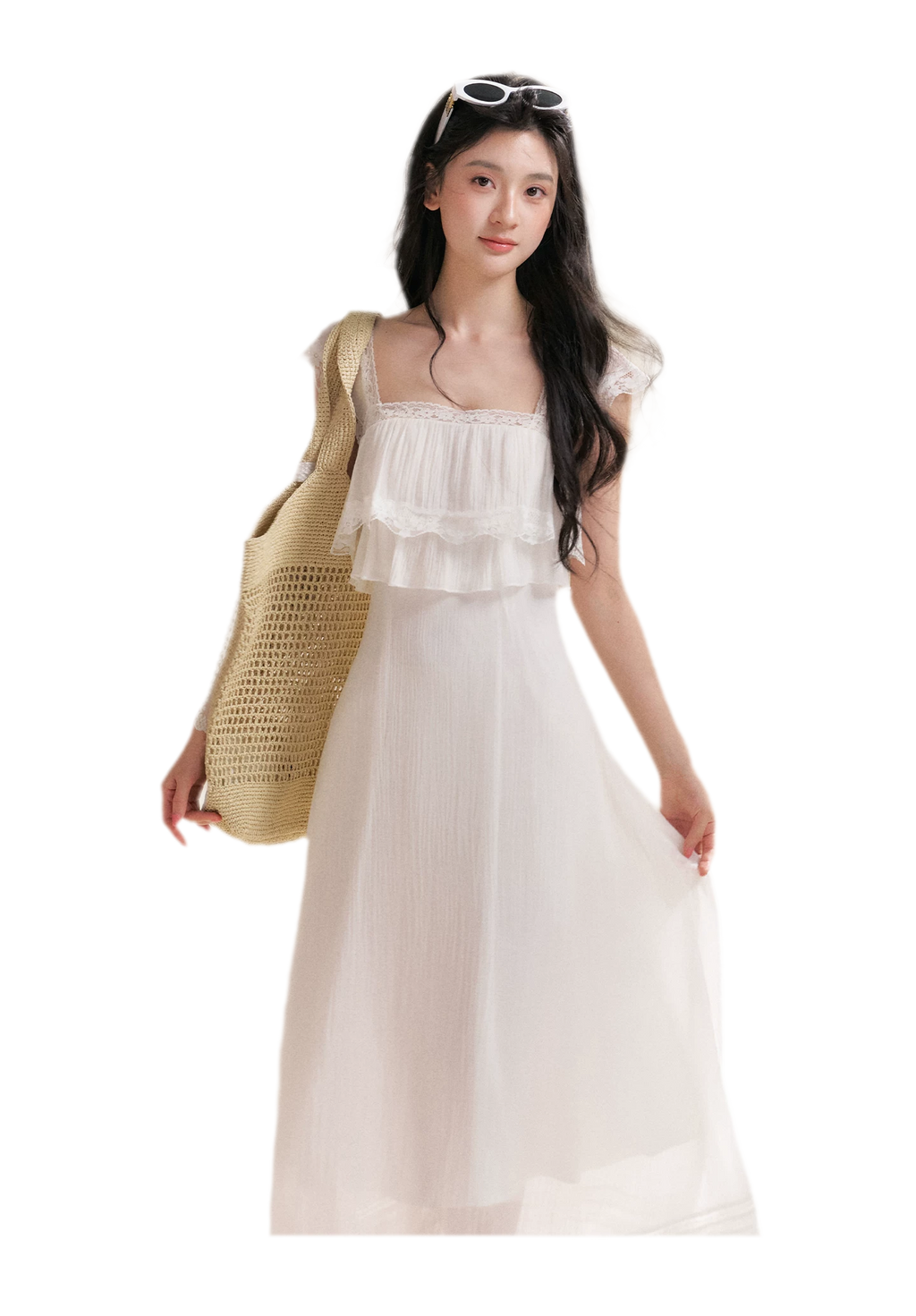 Lace Ruffle Waist Long Dress
