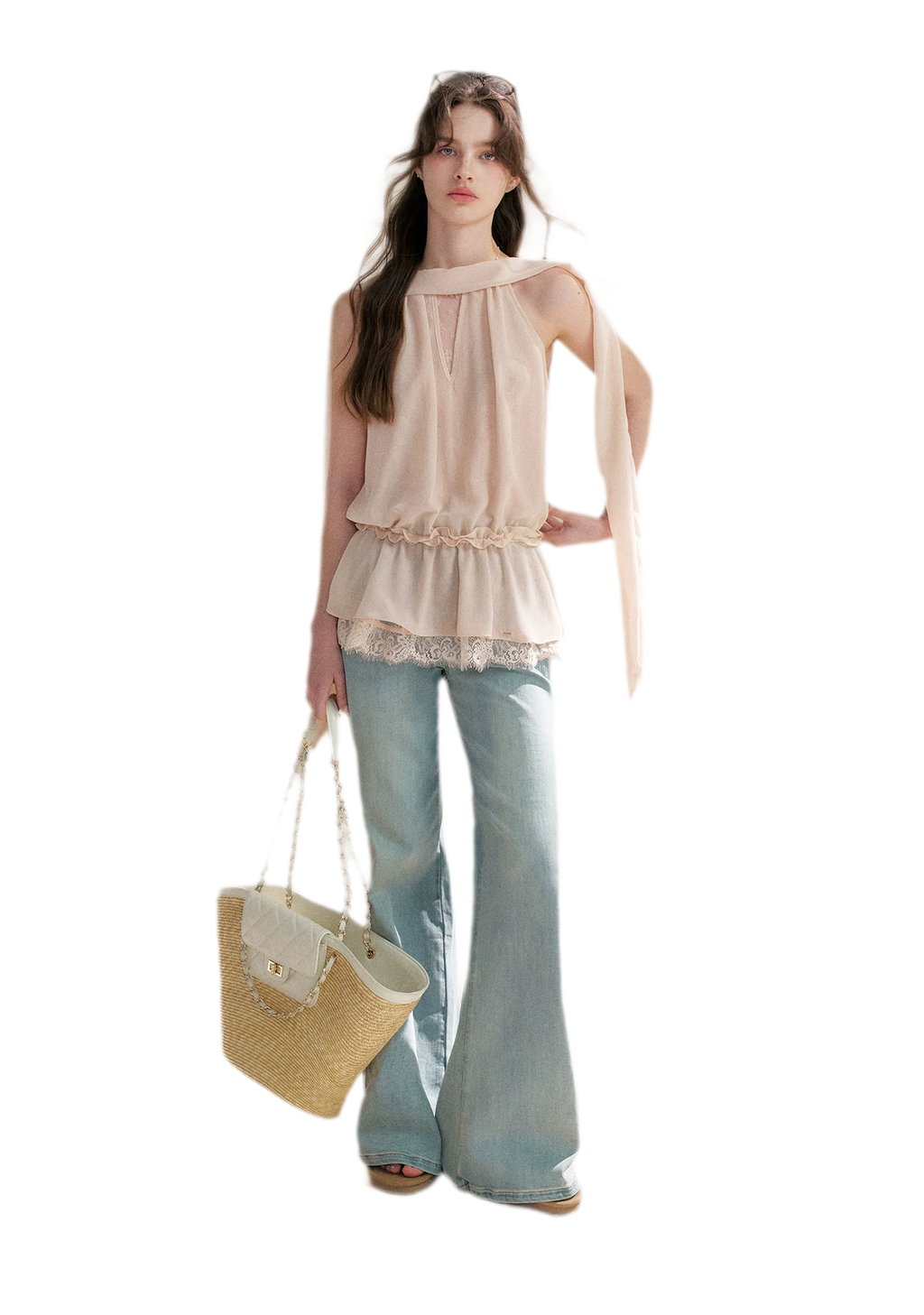 Chiffon Lace Halter V-Neck Blouse
