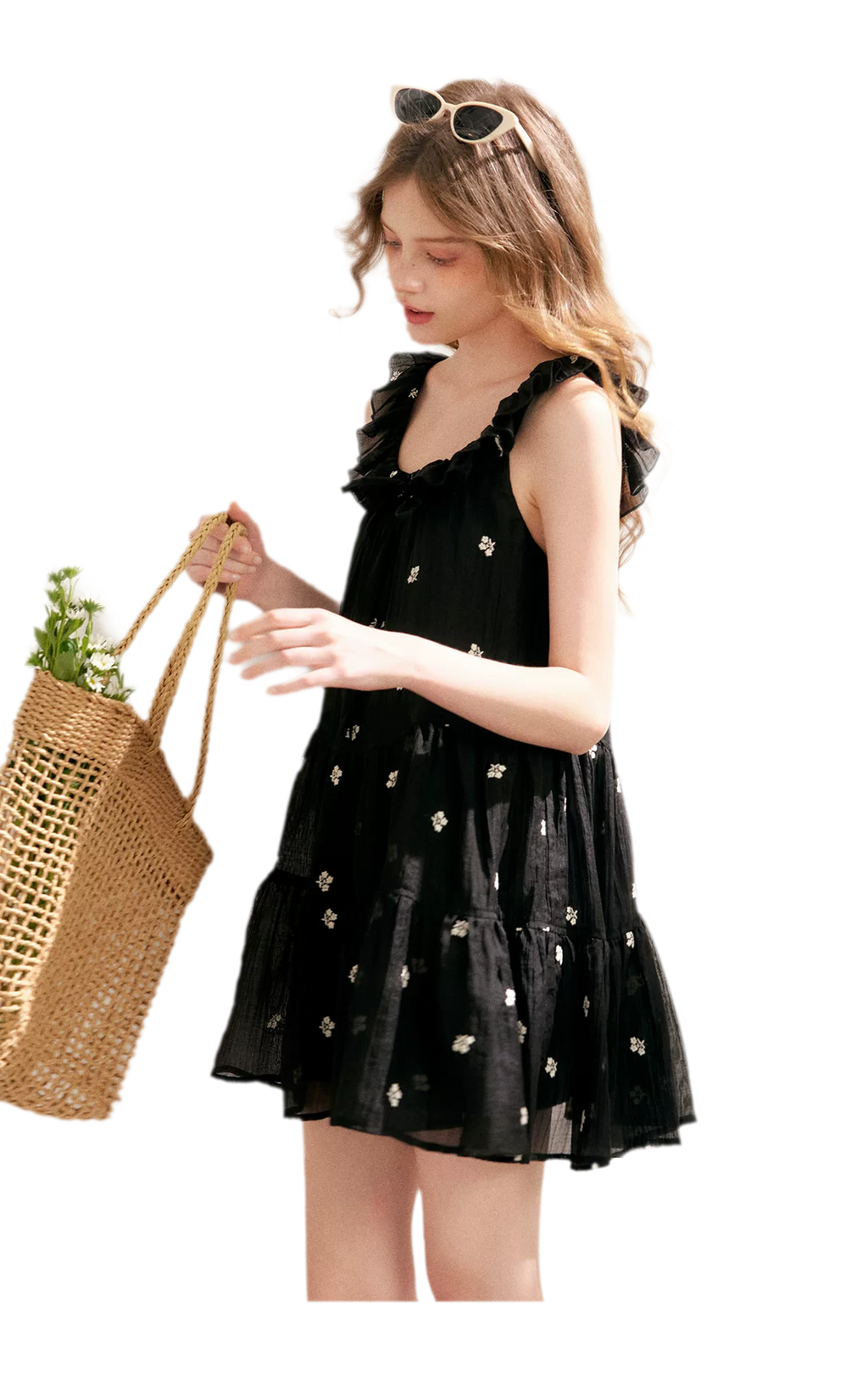 Tencel Embroidered Ruffle A-line Dress