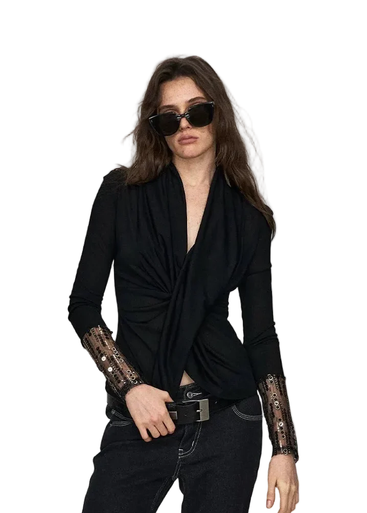 Embroidered Acetate Silk Cross-Knot Long Sleeve T-Shirt