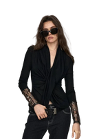 Embroidered Acetate Silk Cross-Knot Long Sleeve T-Shirt