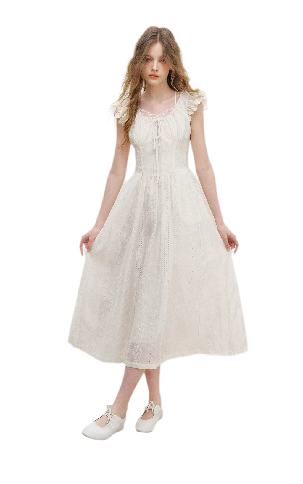 Embroidered Flutter Sleeve Dress