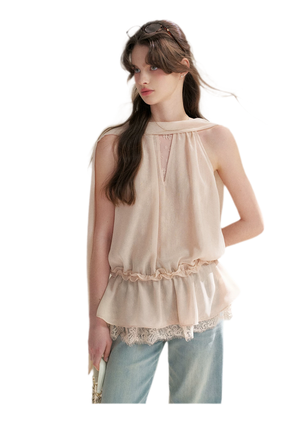 Chiffon Lace Halter V-Neck Blouse