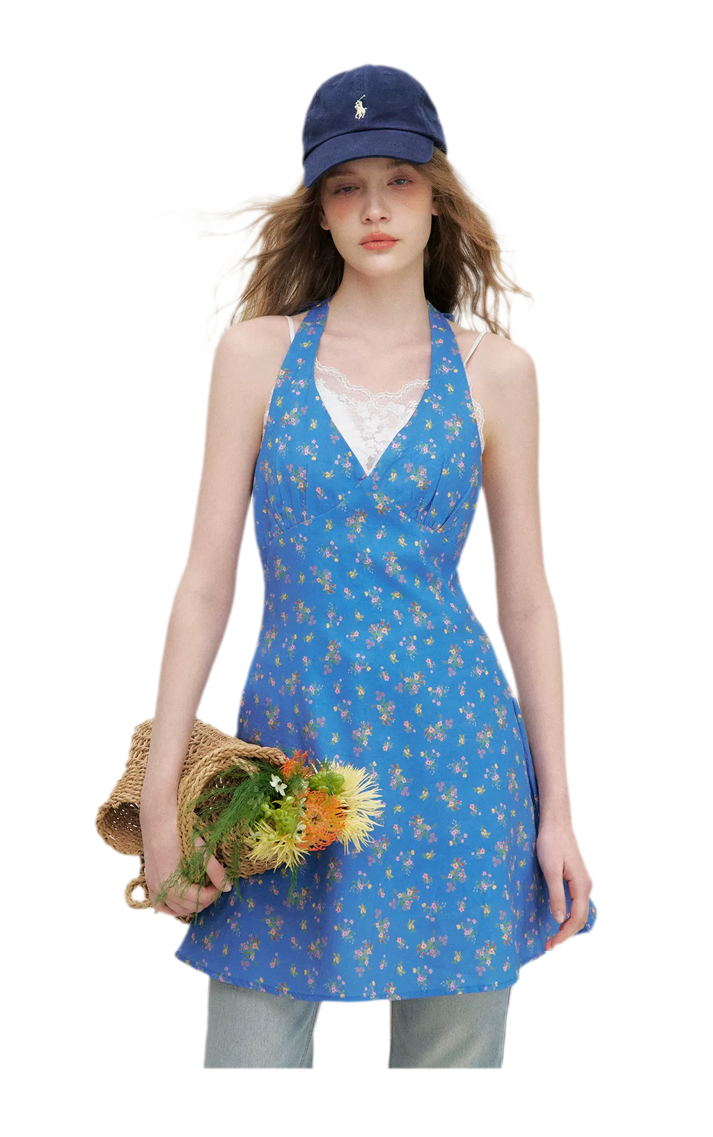 Romantic French Halter V-neck Floral Dress