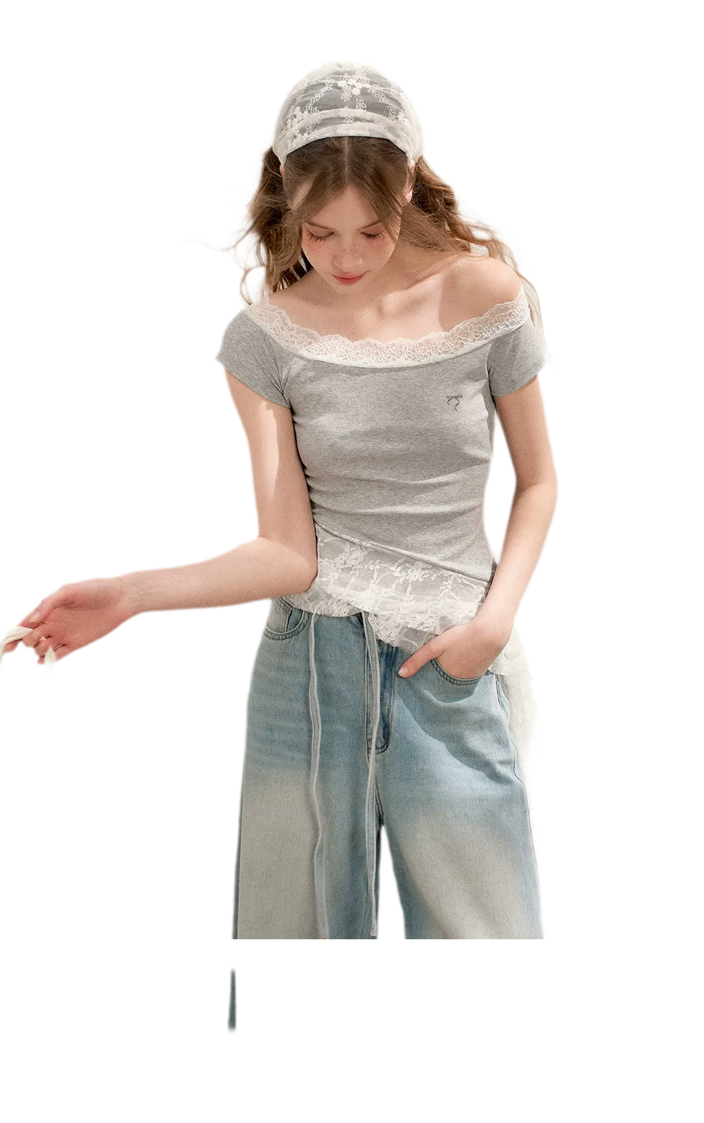 Asymmetric Lace Off-Shoulder T-Shirt