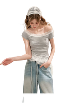Asymmetric Lace Off-Shoulder T-Shirt