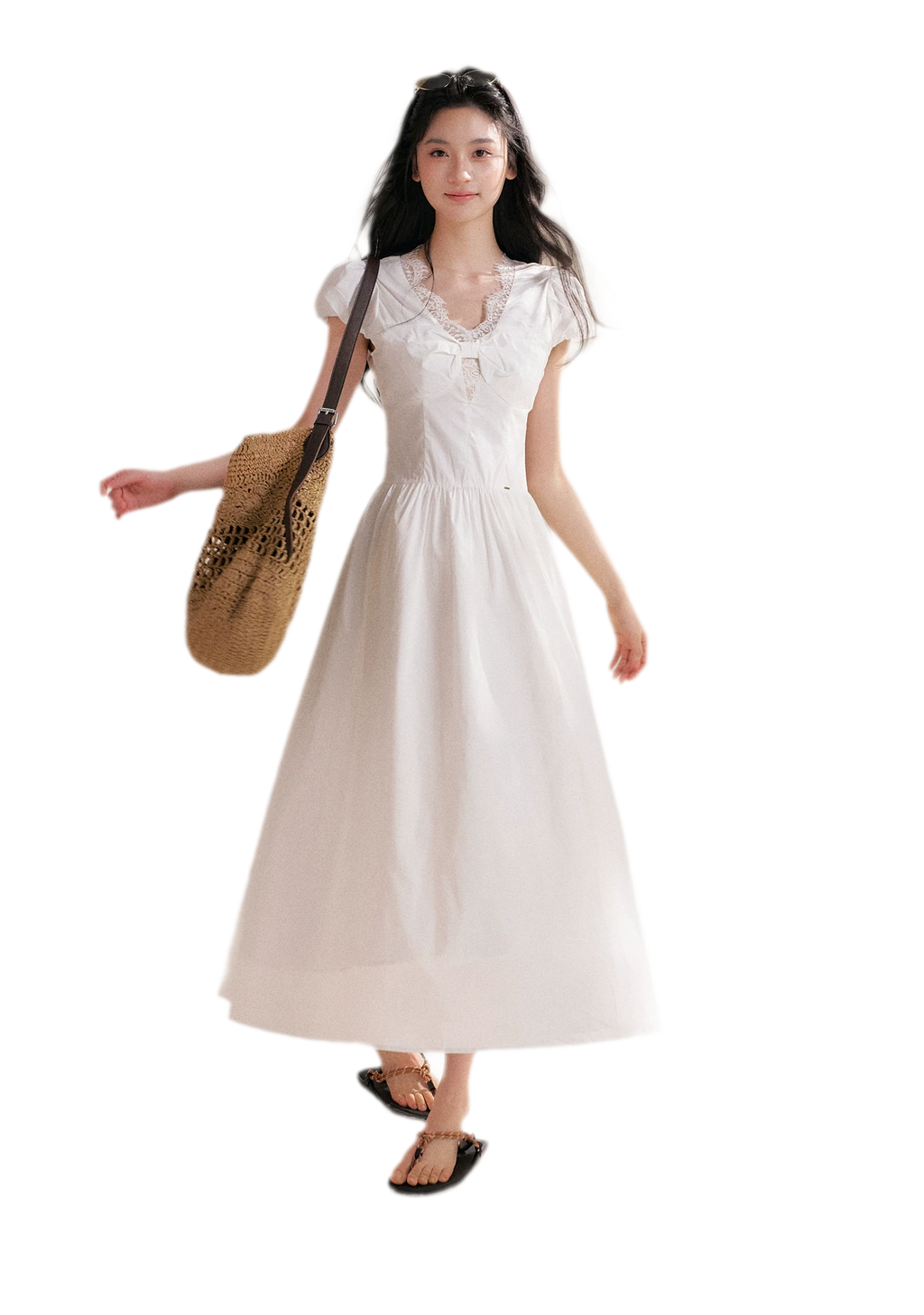 French Lace Puff Sleeve A-Line Dress