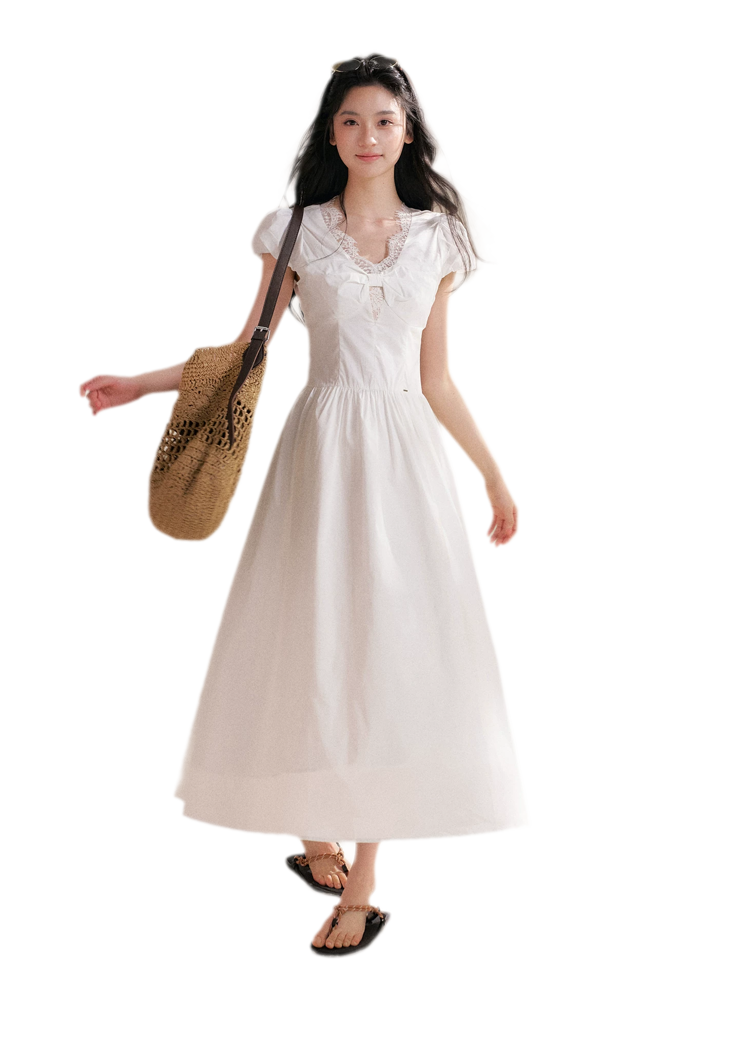 French Lace Puff Sleeve A-Line Dress
