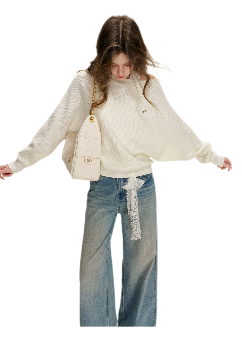 Lace-Trimmed Wide-Leg Denim Pants