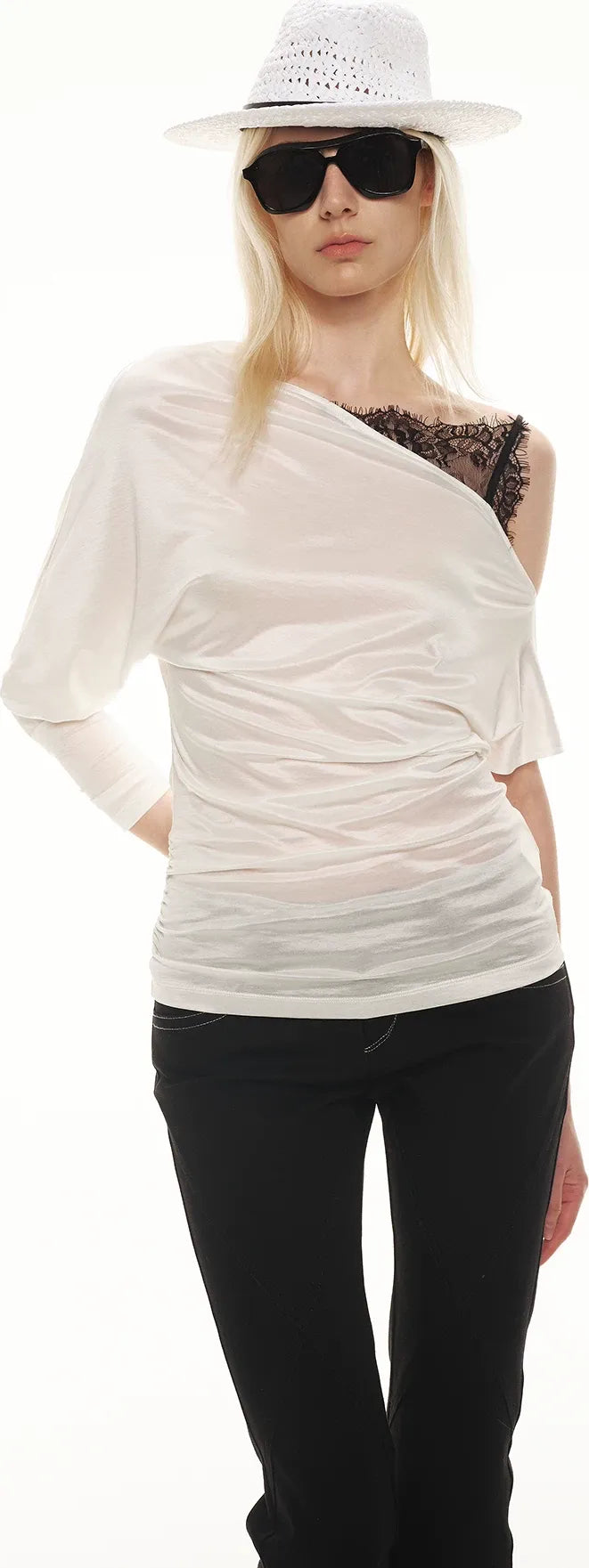 Satin Off-Shoulder Lace Trim T-Shirt