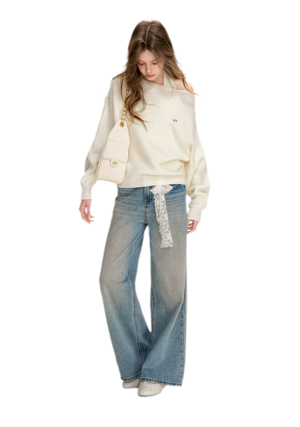 Lace-Trimmed Wide-Leg Denim Pants