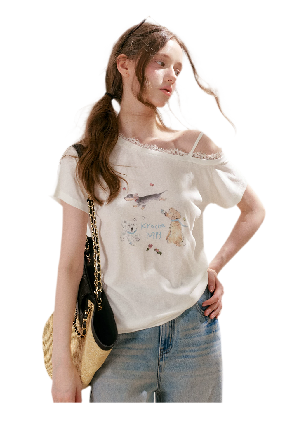 Tencel Lace Puppy Print T-Shirt