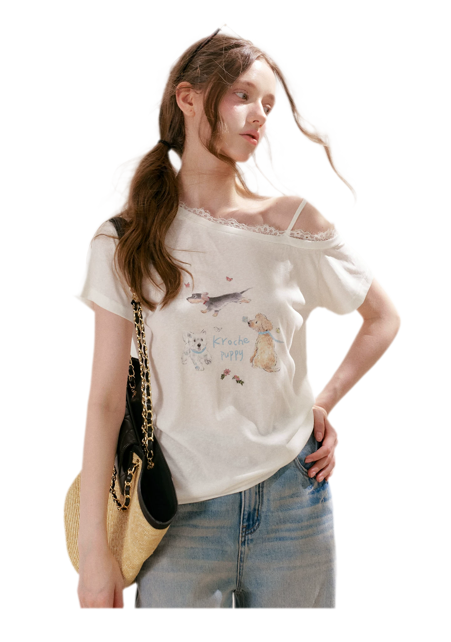 Tencel Lace Puppy Print T-Shirt