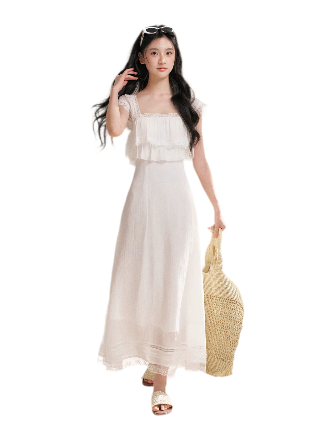 Lace Ruffle Waist Long Dress