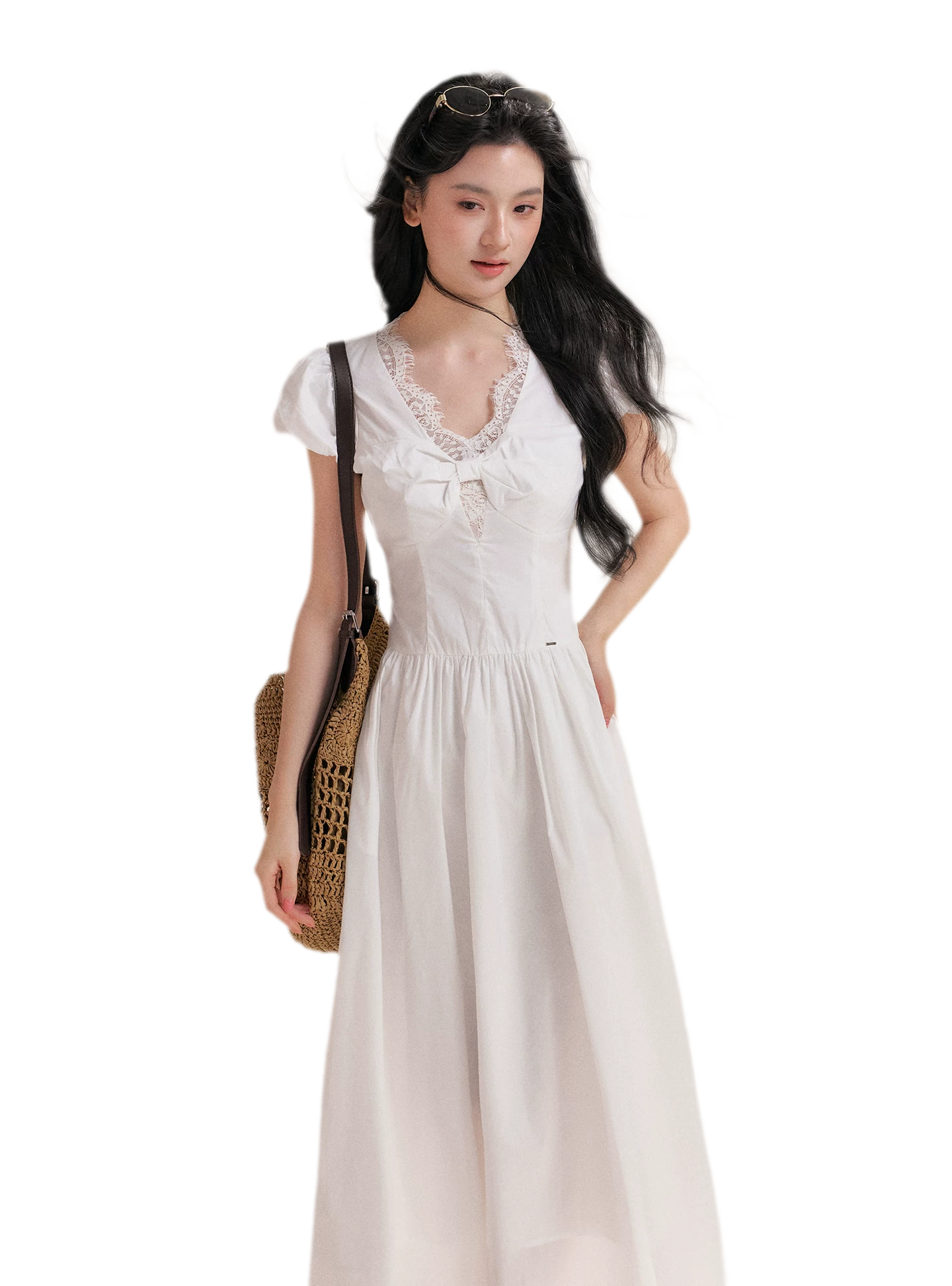 French Lace Puff Sleeve A-Line Dress