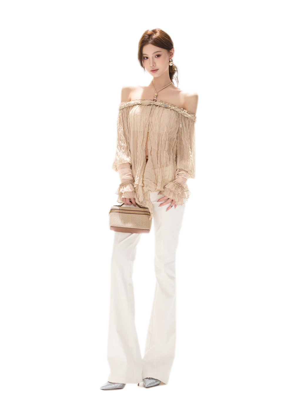 Crinkled Chiffon Beaded Blouse