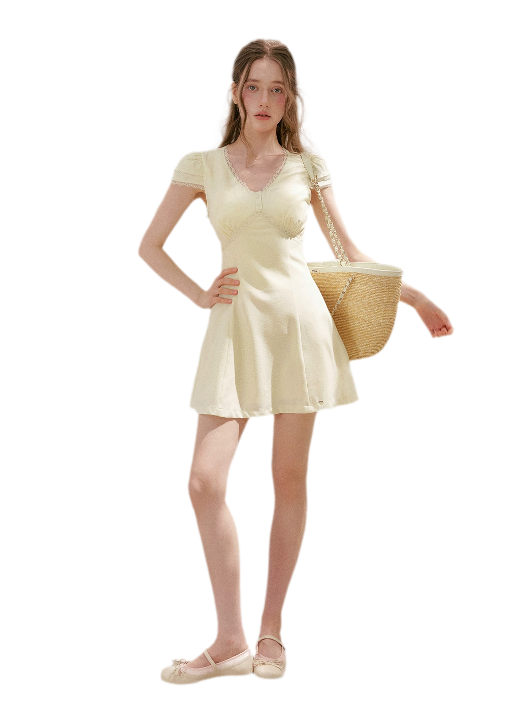 Lace V-Neck Short Sleeve A-Line Dress