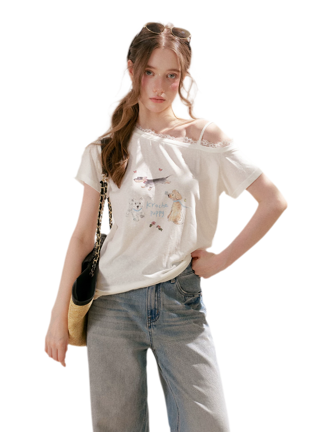 Tencel Lace Puppy Print T-Shirt