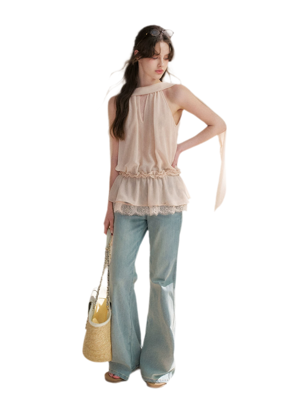 Chiffon Lace Halter V-Neck Blouse
