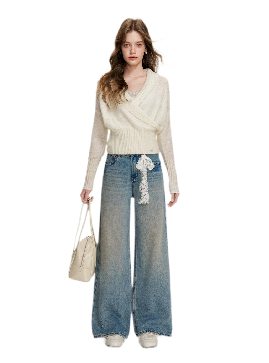 Lace-Trimmed Wide-Leg Denim Pants