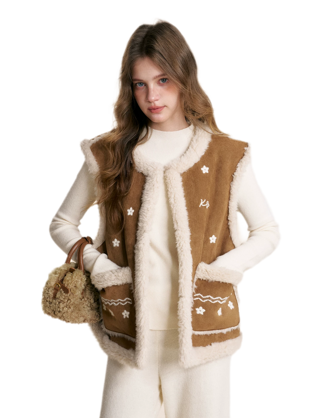 Shearling Floral Embroidered Vest