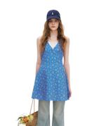 Romantic French Halter V-neck Floral Dress