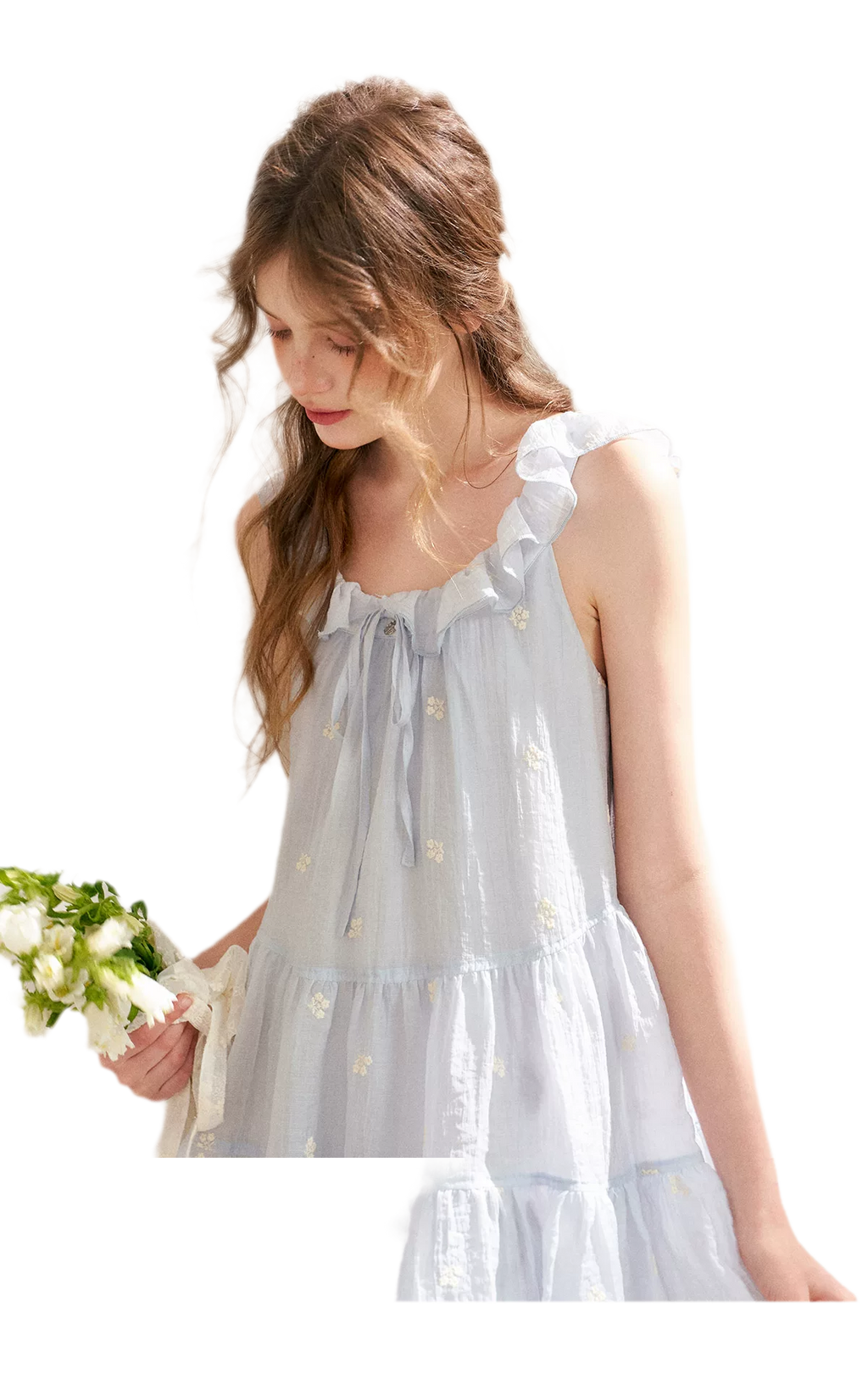 Tencel Embroidered Ruffle A-line Dress
