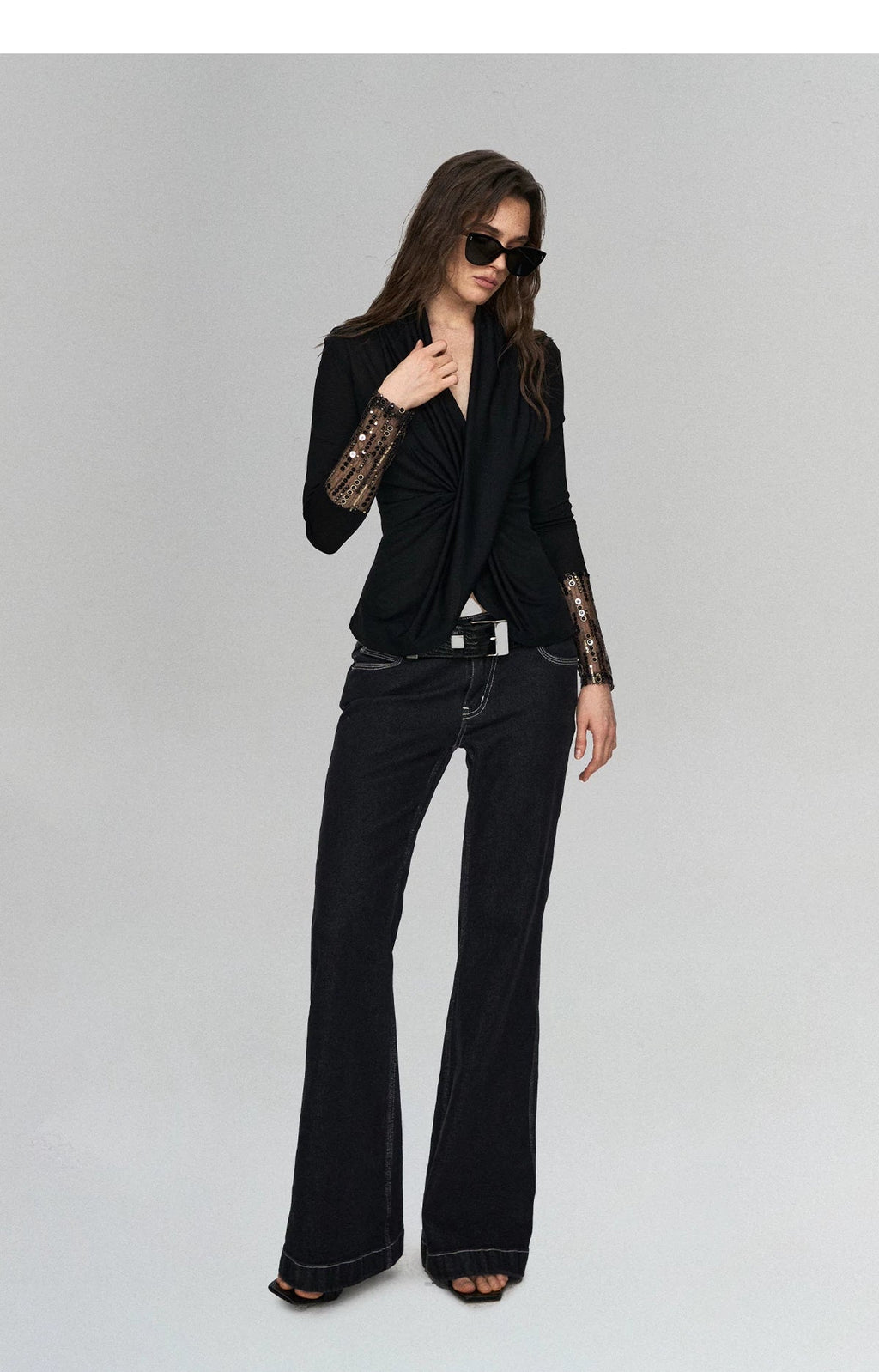 Embroidered Acetate Silk Cross-Knot Long Sleeve T-Shirt