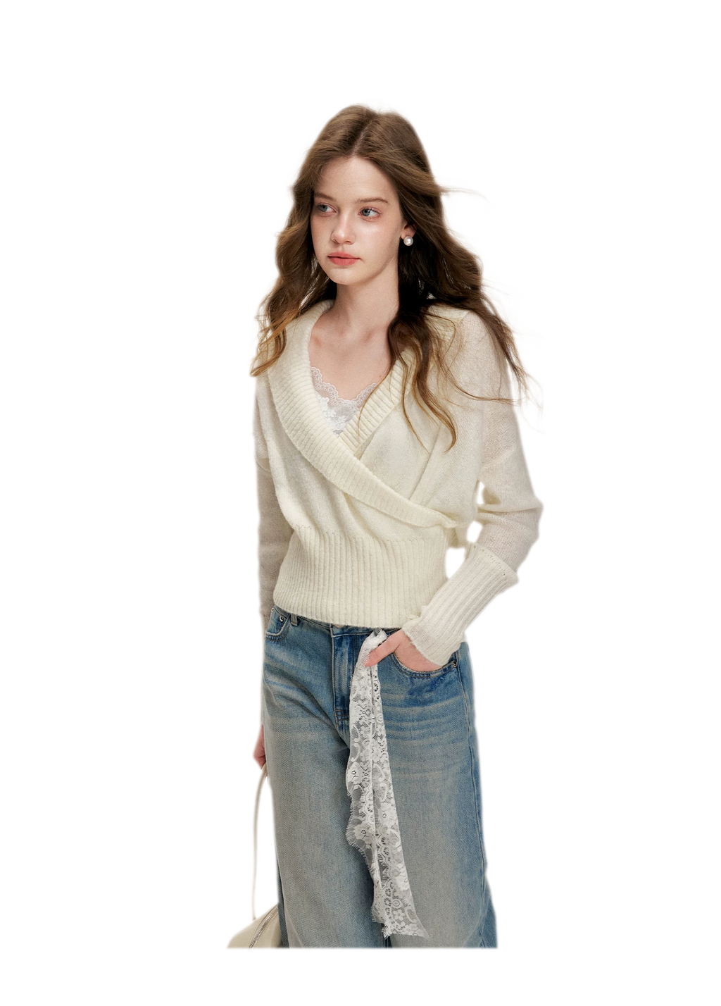 Lace-Trimmed Wide-Leg Denim Pants
