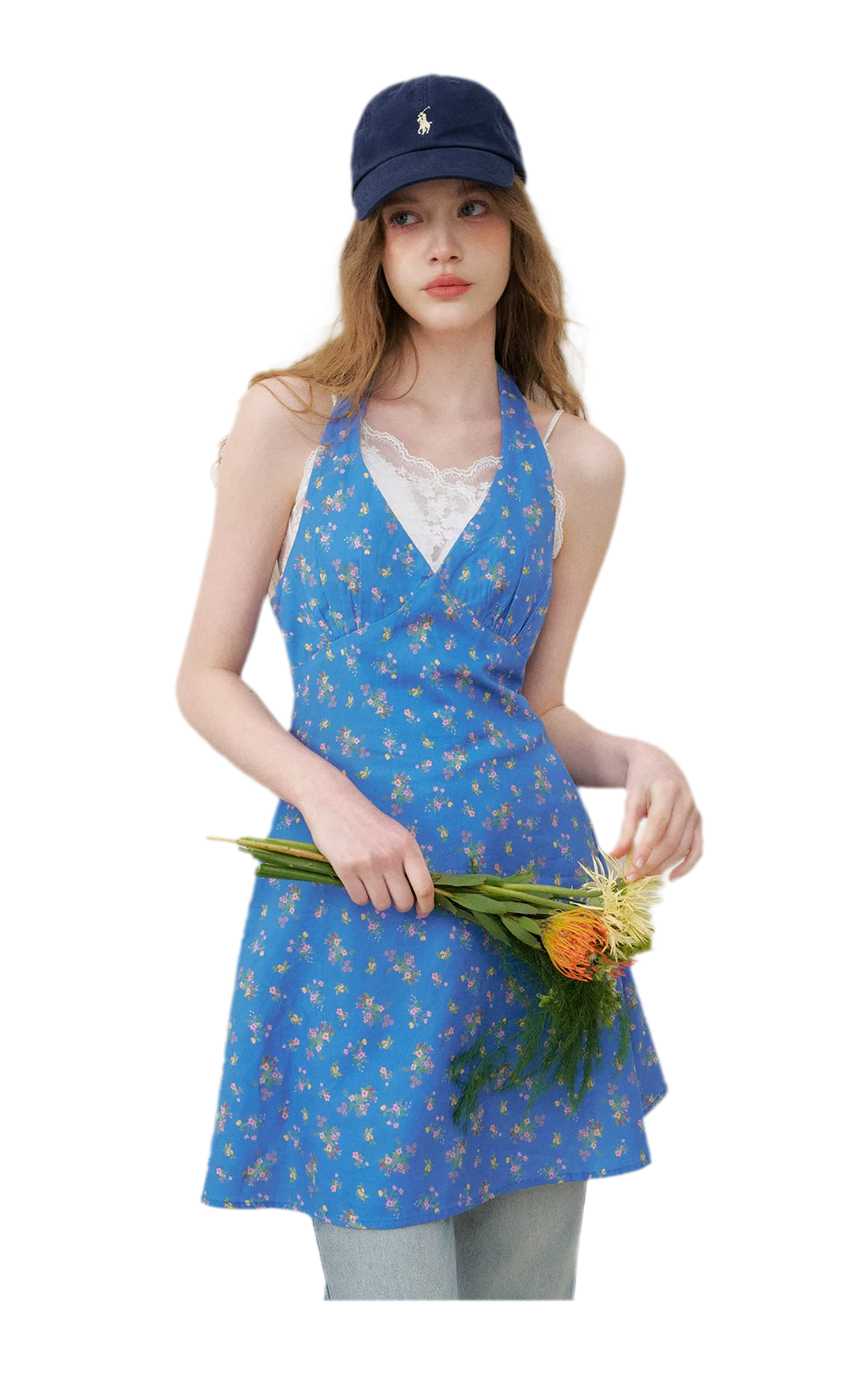 Romantic French Halter V-neck Floral Dress