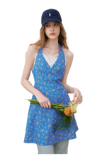 Romantic French Halter V-neck Floral Dress