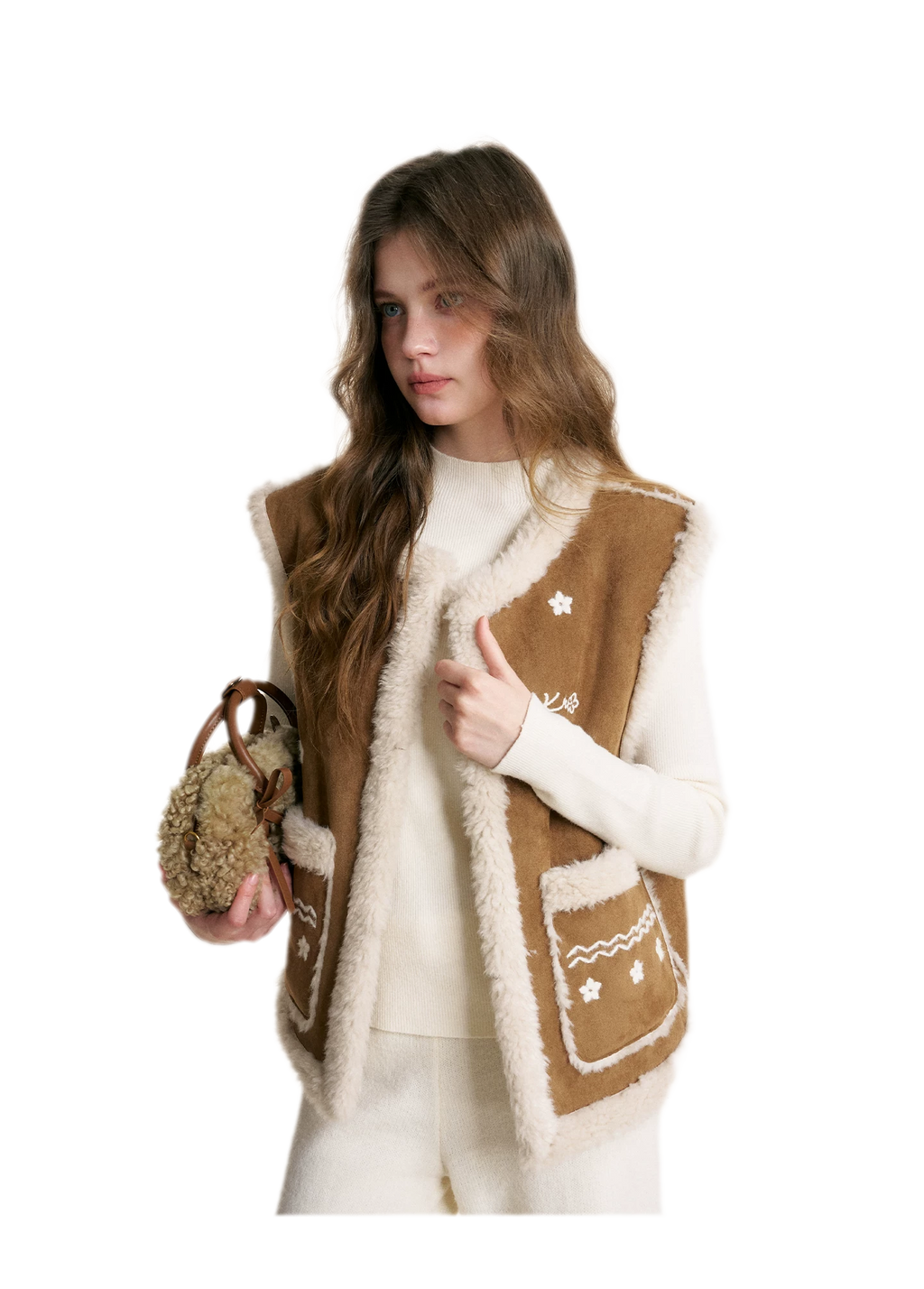 Shearling Floral Embroidered Vest