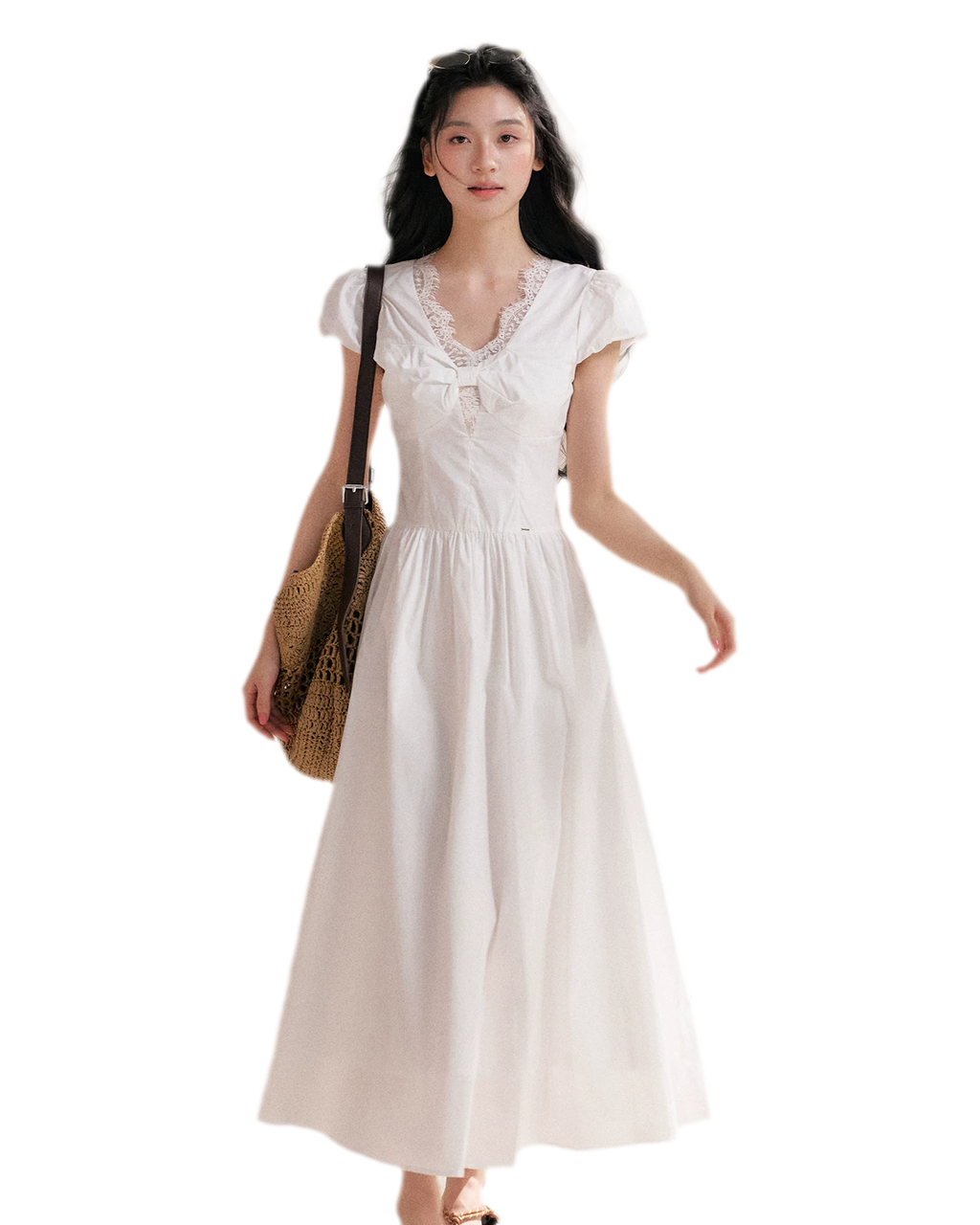 French Lace Puff Sleeve A-Line Dress