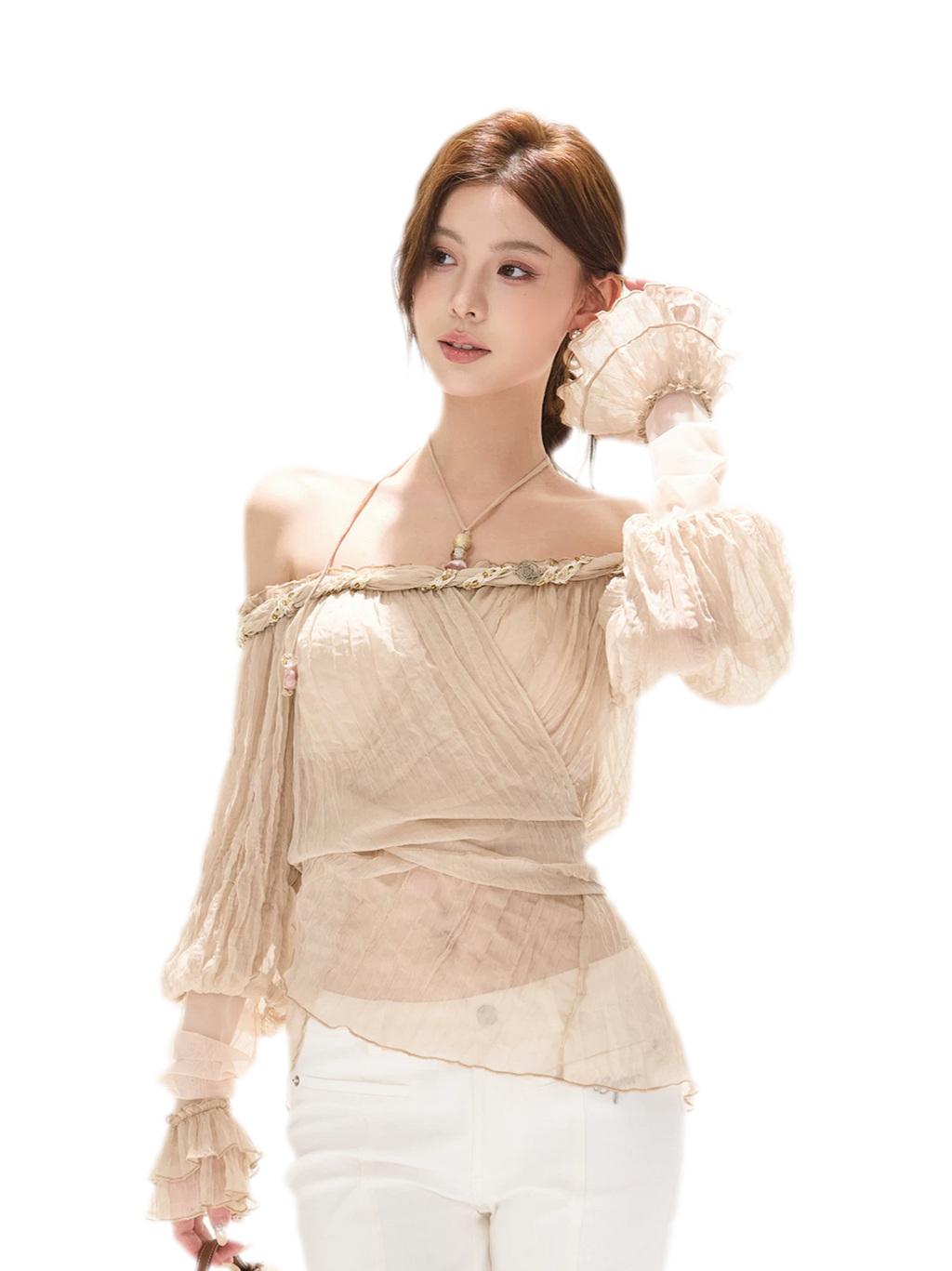 Crinkled Chiffon Beaded Blouse
