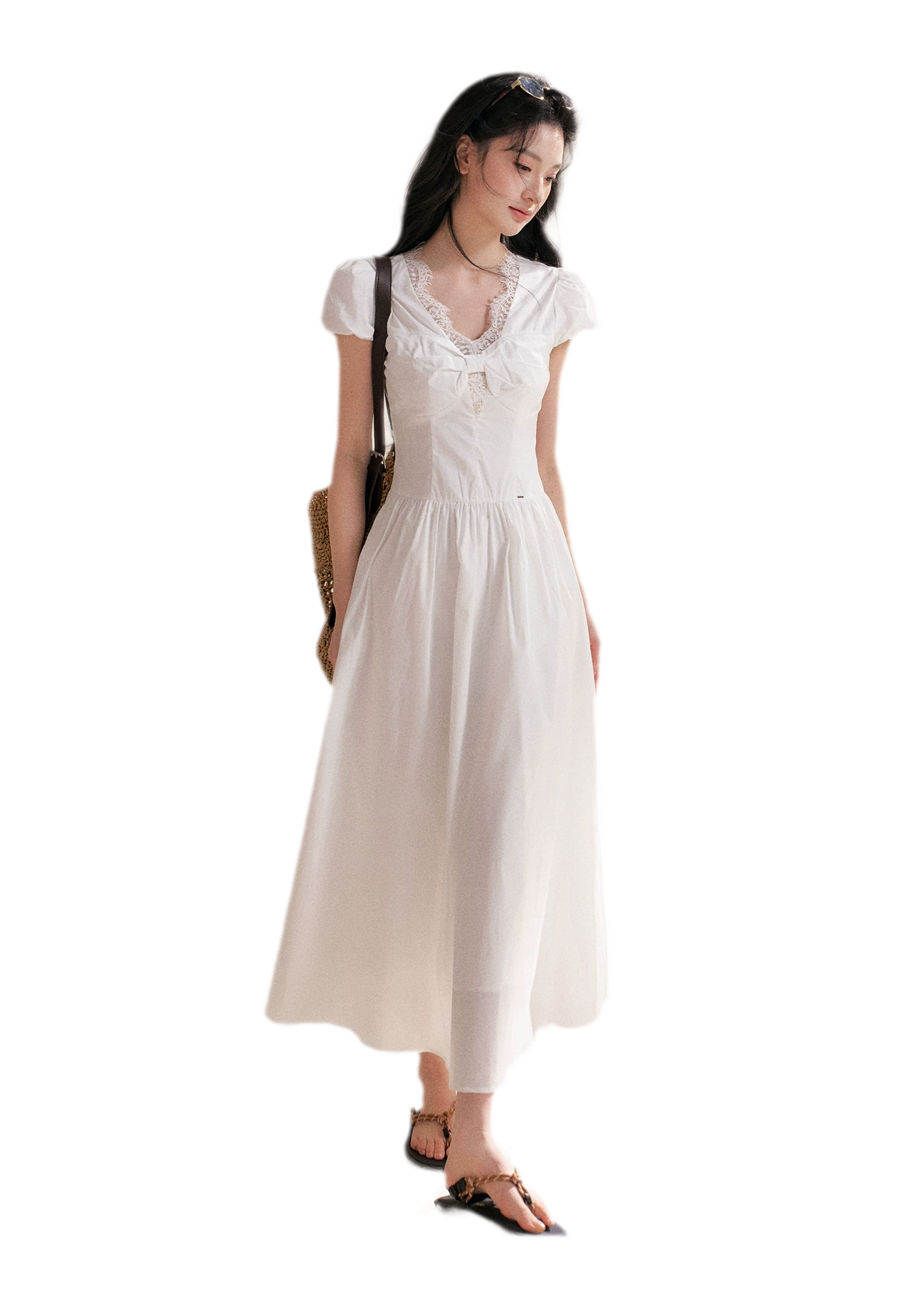 French Lace Puff Sleeve A-Line Dress