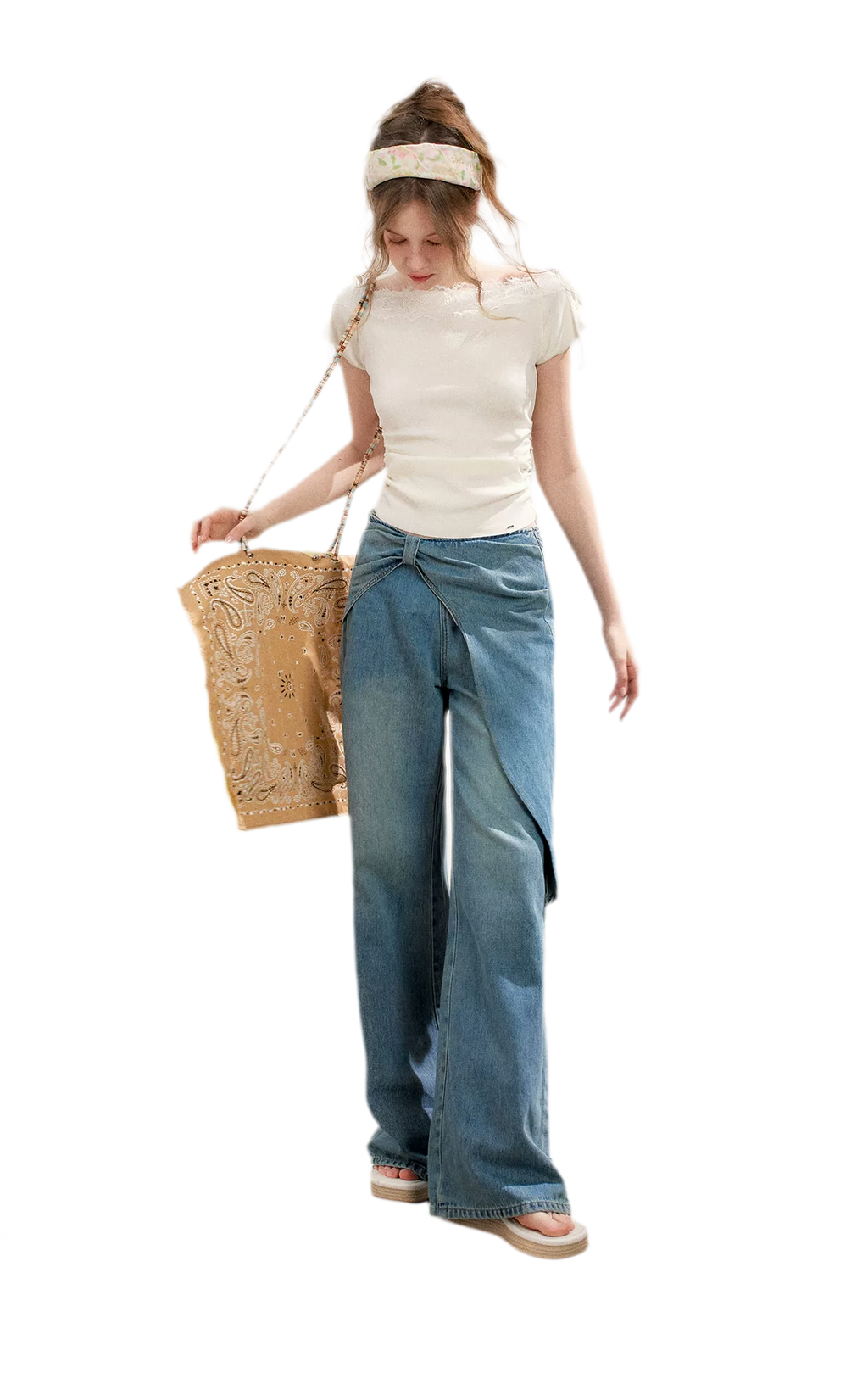 Soft Cotton Wide-Leg Jeans with Bow Detail