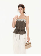 South France Holiday Contrast Lace Trim Ruffle Camisole