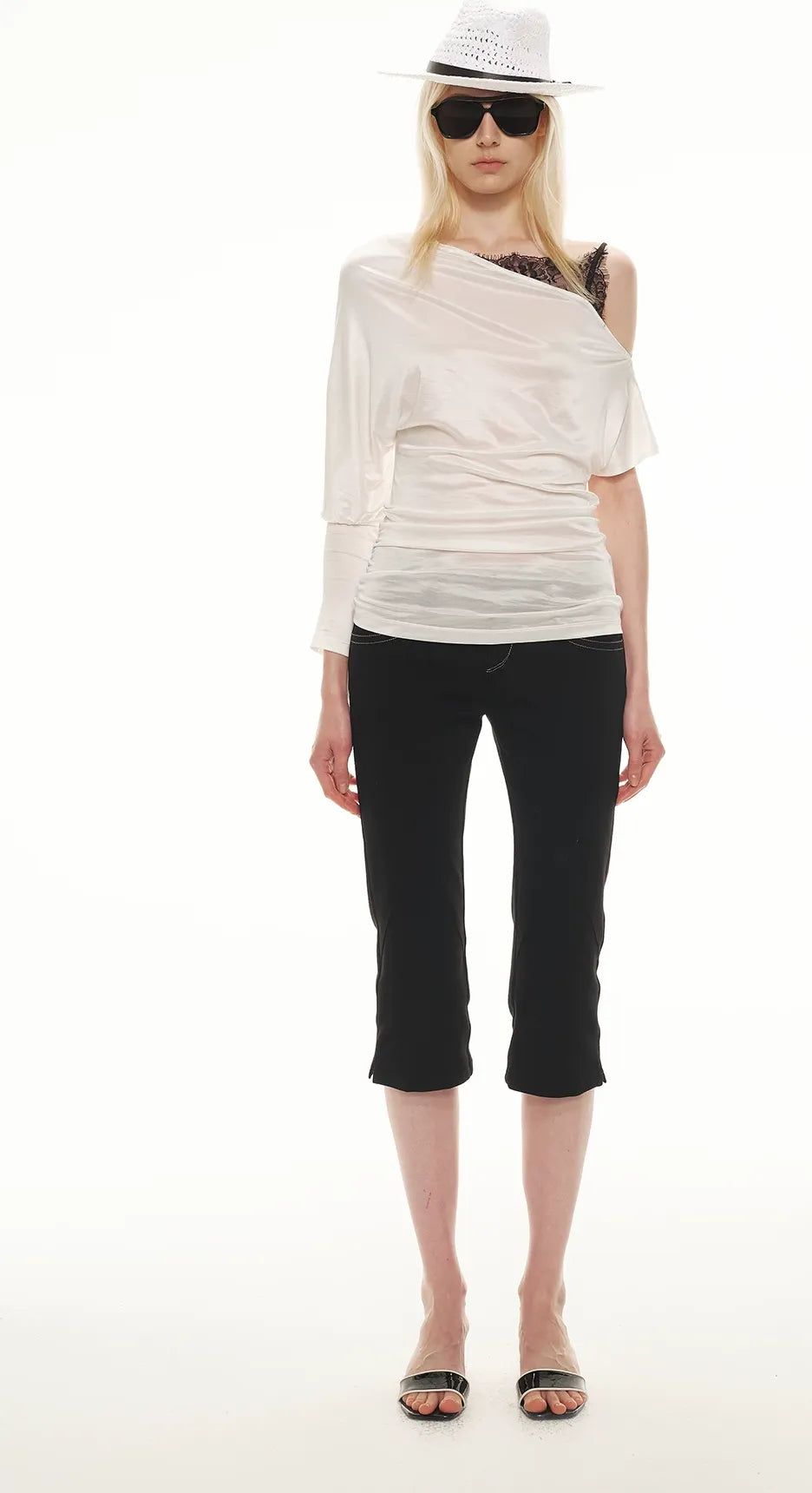 Satin Off-Shoulder Lace Trim T-Shirt