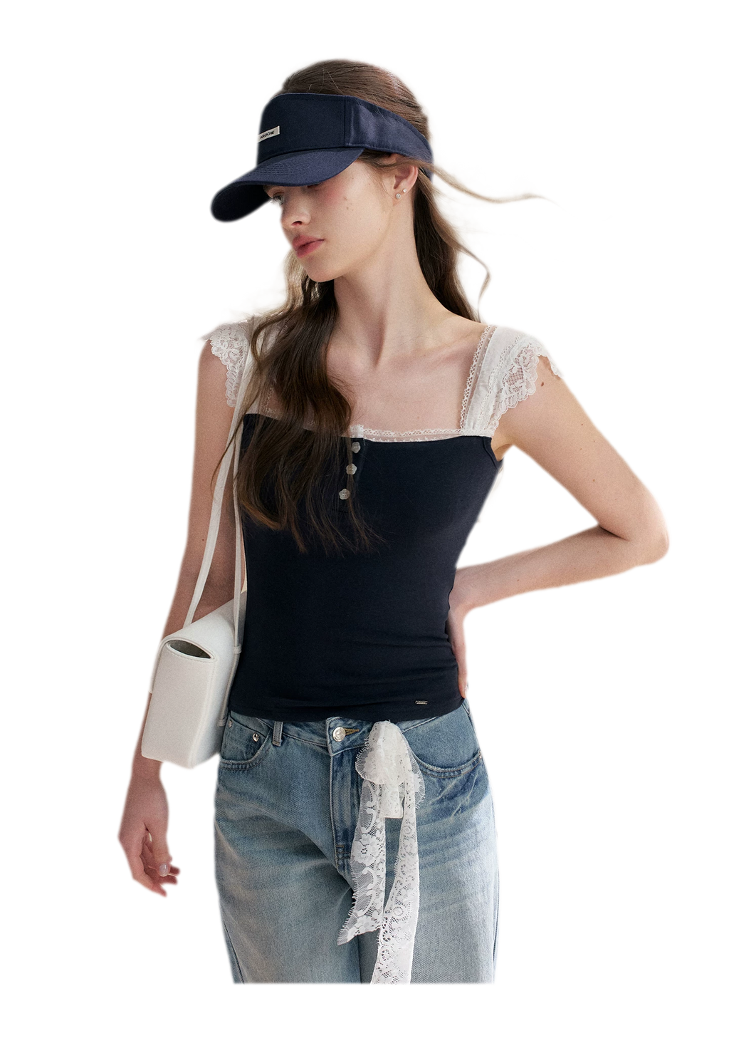 Lace Edge Wide Strap Knit T-Shirt