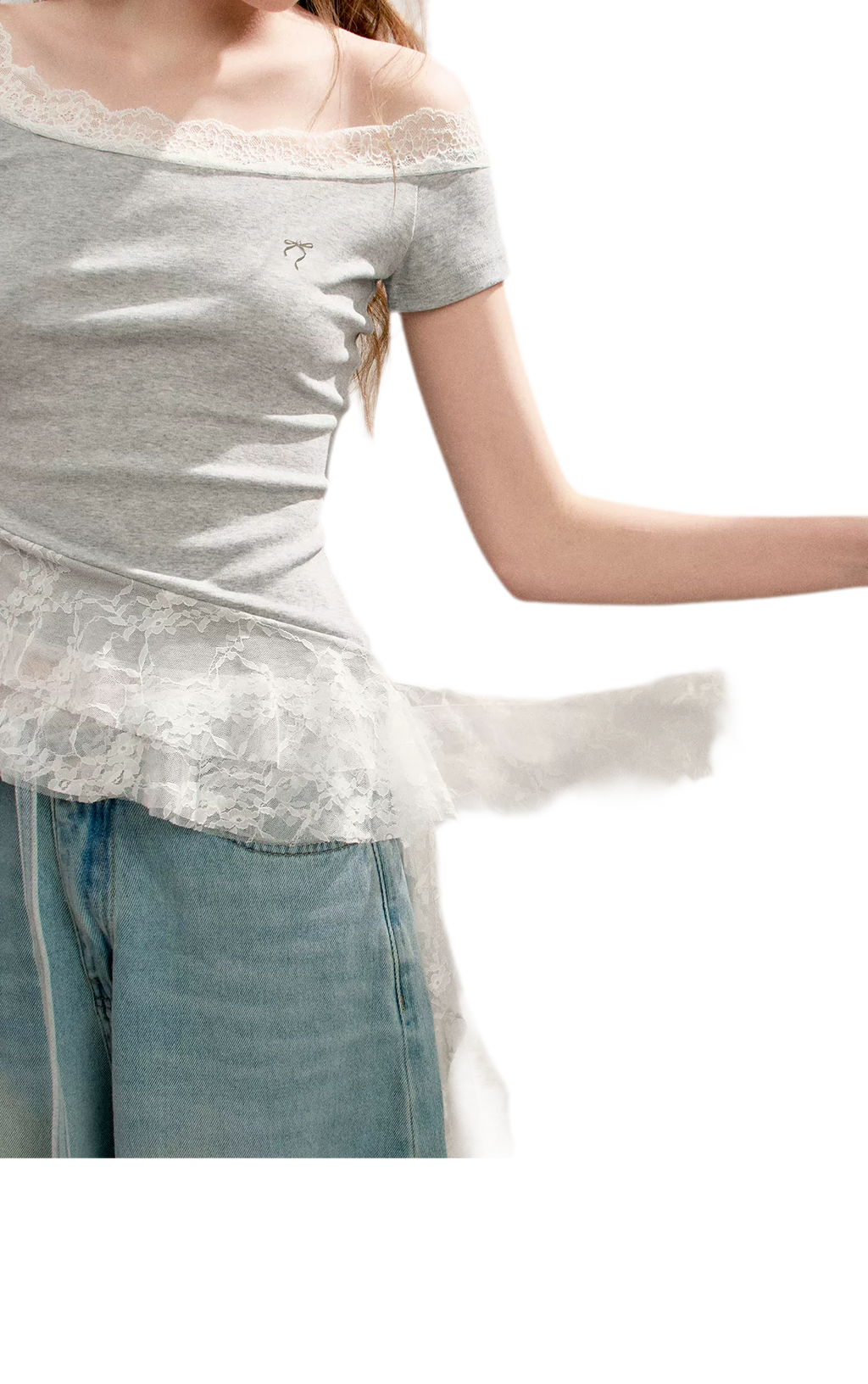 Asymmetric Lace Off-Shoulder T-Shirt